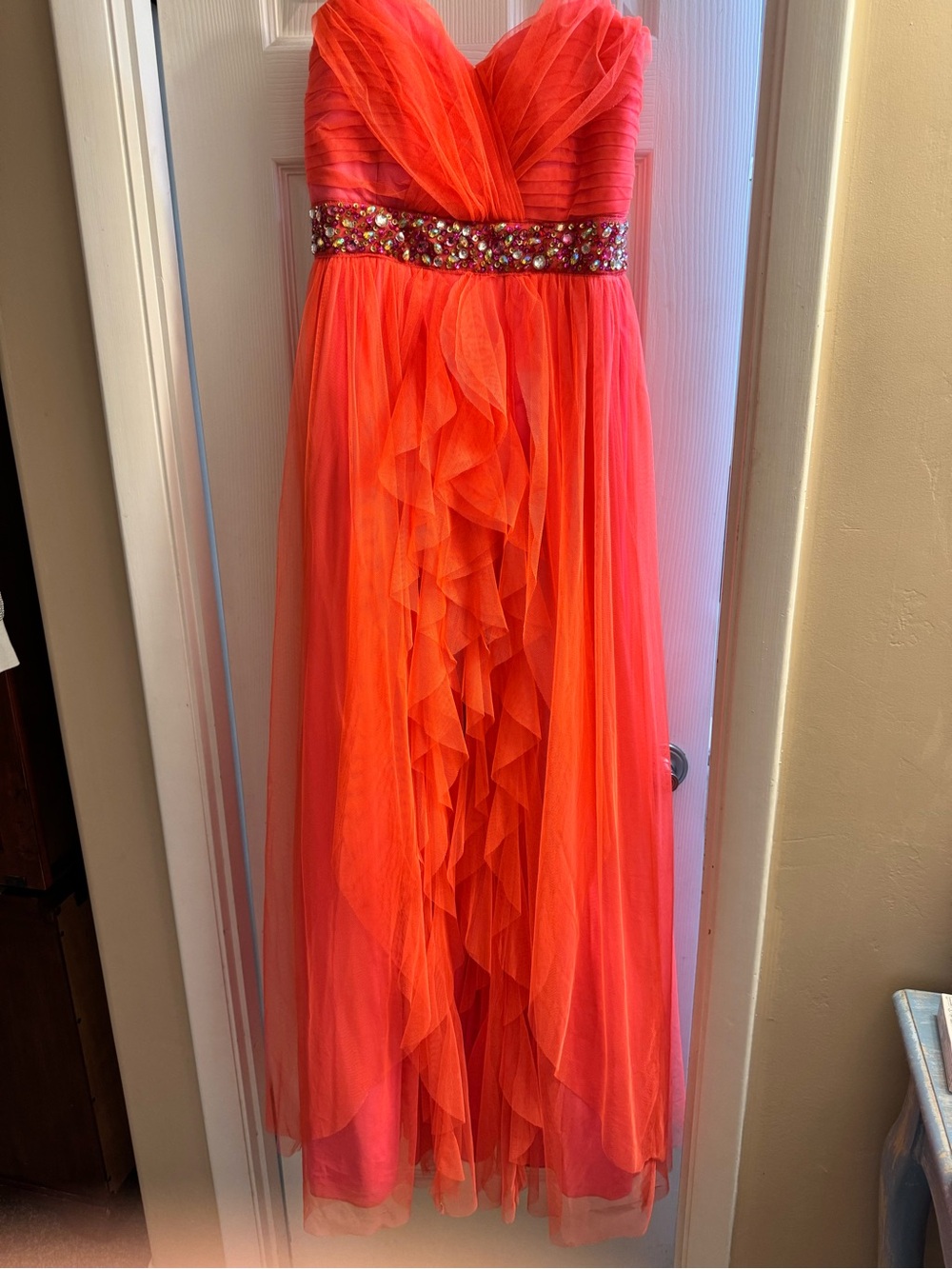 Women’s Coral Orange Ruffled Tulle Dress with Jewel Waistband